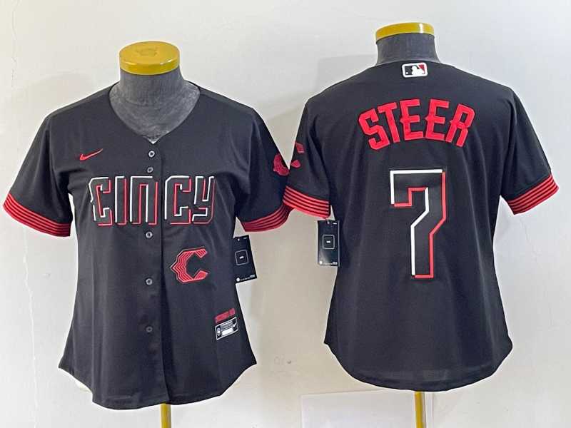 Womens Cincinnati Reds #7 Spencer Steer Black 2023 City Connect Cool Base Stitched Baseball Jersey1